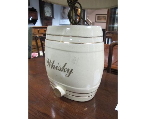 A WHITE GLAZED CHINA WHISKEY BARREL converted to a table lamp 67cm high