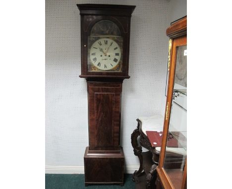 A GEORGIAN MAHOGANY LONG CASE CLOCK the outswept cornice above a rectangular arched glazed door containing a painted dial wit