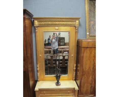 A CONTINENTAL GILTWOOD AND GESSO CONSOLE TABLE AND MIRROR the rectangular plate within a moulded frame between cylindrical an