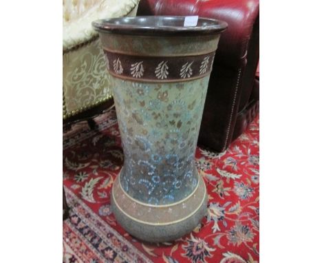 A GLAZED CHINA DOULTON SLATTERS PATTERN VASE of cylindrical bulbous form the turquoise and light brown ground decorated with 