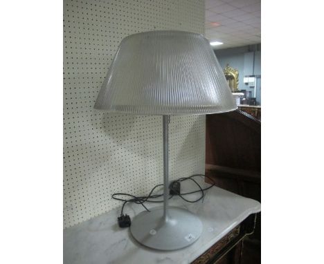 A PAIR OF WHITE METAL AND CUT GLASS DESIGNER TABLE LAMPS each with glazed shade above a cylindrical column on circular foot 7