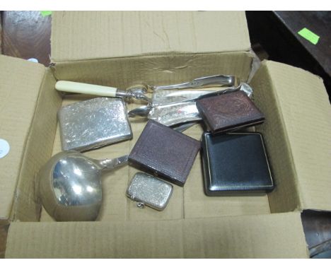 A MISCELLANEOUS COLLECTION IN BOX to include a silver cigarette case, vesta box, crumb scoop, ladle etc