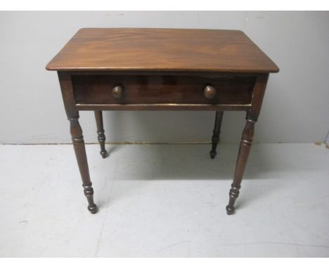 A VICTORIAN MAHOGANY OCCASIONAL TABLE the rectangular top above a frieze drawer on turned legs 75cm (h) x 76cm (w) x 50cm (d)