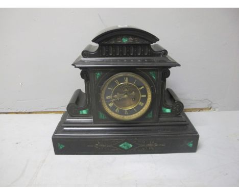 A VICTORIAN BLACK SLATE AND MALACHITE INLAID MANTLE CLOCK of architectural form with circular dial with Roman numerals raised