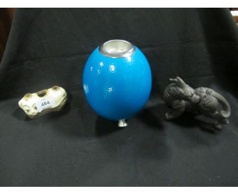 A WORX OF AFRICA NIGHT LIGHT STAND of ovoid form together with a stylized cat in the form of an incense burner (3)