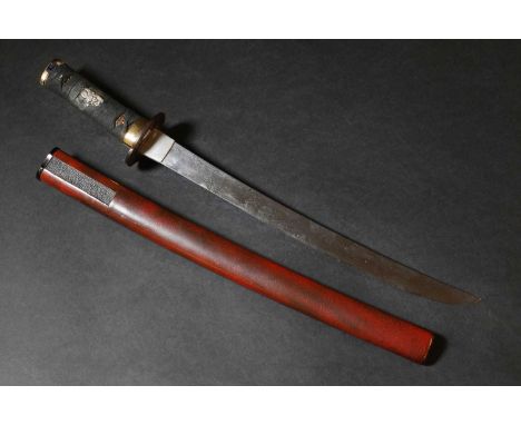 A Japanese wakizashi, Edo or Meiji, with an earlier blade, the red lacquer saya (scabbard), the tsuka (handle) wrapped in bla