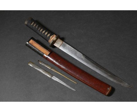 A Japanese tanto,Edo or Meiji, 19th century, the red lacquer saya (scabbard) complete with kogai and kozuka, the same (shagre