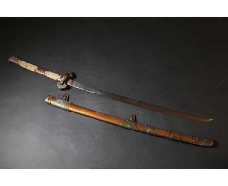 A Japanese katana, Edo or Meiji, the powder lacquer saya (scabbard) to copper mounts decorated with waves, with a cross form 