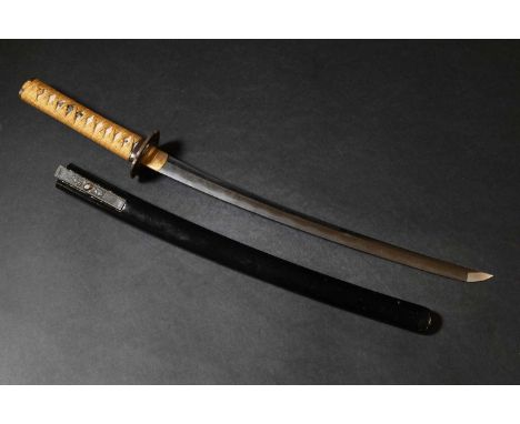 A Japanese wakizashi, Edo or Meiji, the black lacquer saya (scabbard) with a signed kozuka, the handle decorated with rats on