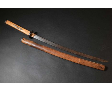 A Japanese katana,Edo or Meiji, a leather saya (scabbard) carved with a dragon and a wood tsuka (handle) with gilt dragon men