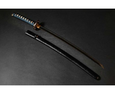 A Japanese wakizashi, Edo or Meiji, the textured black lacquer saya (scabbard) with a signed kozuka with mixed-metal handle d