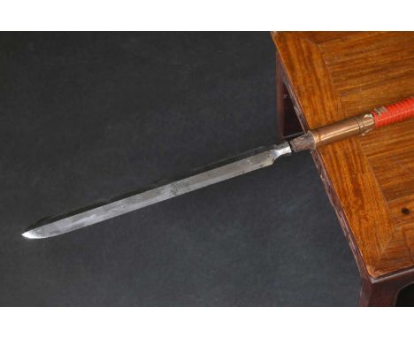 A Japanese su yari,Edo or Meiji, the single fullered blade with a cross bar handle, a red lacquered pole with copper fittings