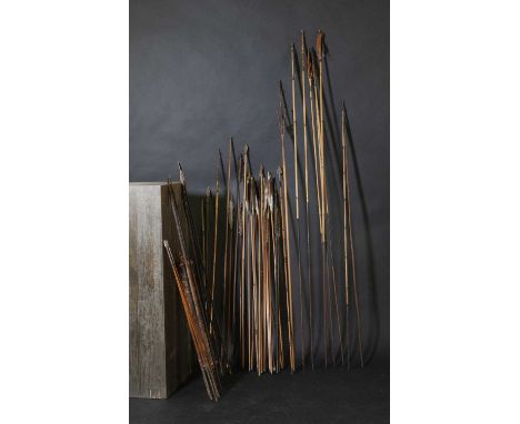 A collection of arrows and spears,including Japanese and South Pacific examples, with feather fletching and iron arrow heads,