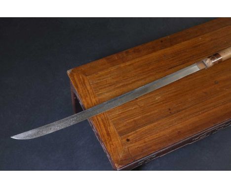 A Japanese pole arm,with a 20th century blade, complete with a leather saya (scabbard) outer, mounted to a yari-type pole, a 