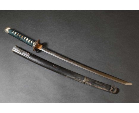 A Japanese wakizashi, Edo or Meiji, 19th century, the black lacquer saya (scabbard) with an unsigned Kazuka, decorated with t