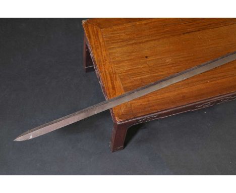 A Japanese omi yari,Edo or Meiji period, the triangular section bo-bi blade, with red enamelled fuller, the tang unsigned, bl