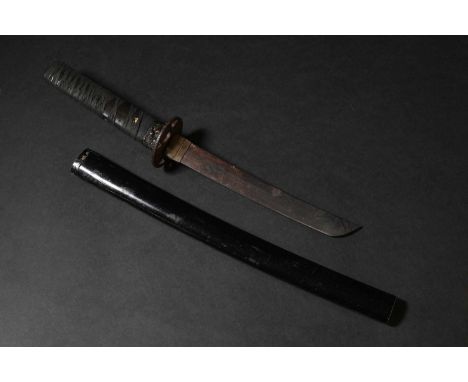 A Japanese tanto, Edo or Meiji, with a black lacquer saya (scabbard), a black lacquer tsuka (handle) wrapped in black ito rib