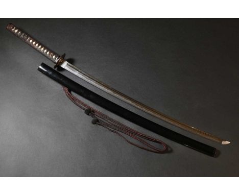 A Japanese katana, Edo or Meiji, the same (shagreen) tsuka (handle) wrapped in brown ito (braid), with a quatrelobed tsuba (g