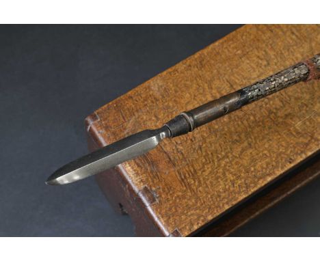 A Japanese su yari, Edo or Meiji, the blade with a red enamelled fuller, with a tang signed, to a mother-of-pearl inlaid wood