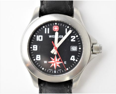 A Wenger Navigator Compass quartz, gents, stainless steel wristwatch having a black dial with date aperture at 3, leather bra