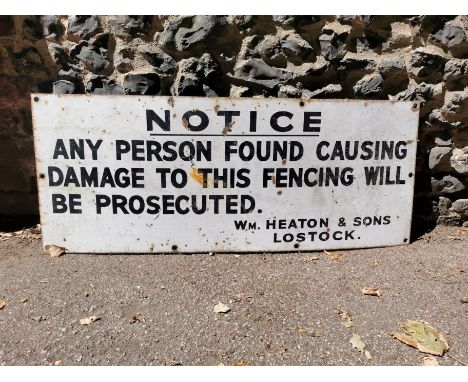 A vintage 'Notice Any Person Found Causing Damage to this Fence Will Be Prosecuted' enamel sign, 101.5 cm x 40.5 cm 