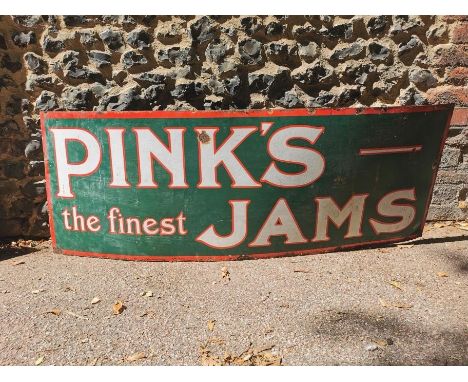 A vintage 'Pink's The Finest Jams' advertising enamel sign with white and red lettering on a green ground, 148 cm x 53 cm 