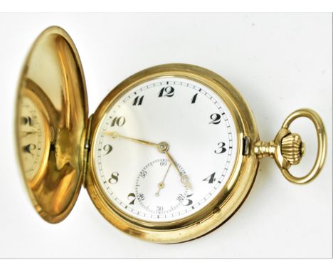An early 20th century IWC 14ct gold full hunter pocket watch having a white enamel dial with Arabic numbers, gilt hands and s