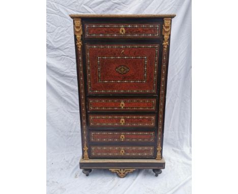 A late 19th century Napoleon III style burr thuya, rosewood, ebonised and mother of pearl inlaid secretaire a abattant, the f