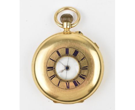 An early 20th century 18ct gold, half hunter pocket watch having a white enamel dial with gilt hands, blued centre seconds ha