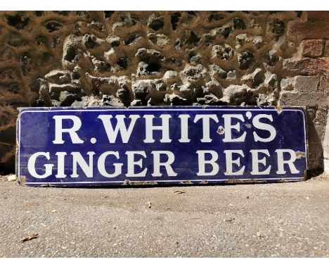 A vintage 'R. Whites Ginger Beers' advertising enamel sign, with white lettering on a blue ground, 137 cm x 36 cm 