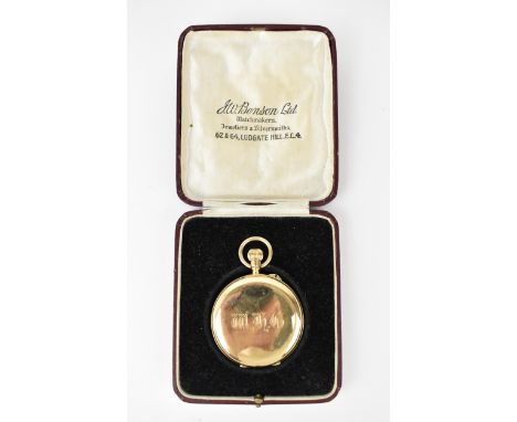 An early 20th century J.W Benson 9ct gold, full hunter pocket watch having a white enamel dial with Roman numerals and subsid