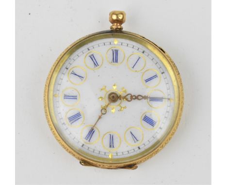 A Victoran 14k gold, open faced fob watch having a ornate white enamel dial with blue Roman numerals, the floral engraved cas