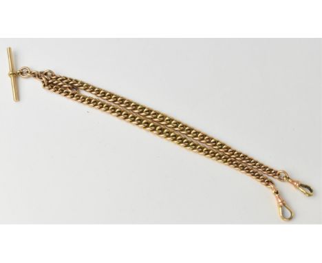 A 9ct gold double Albert pocket watch chain having two dog clips and a T-bar, makers marks B&amp;S, total length, 38cm, 58.4 