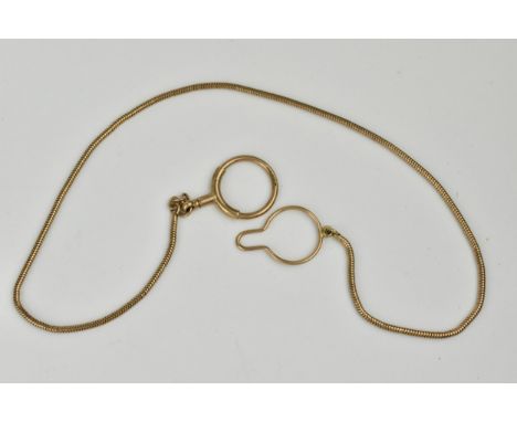 A 9ct gold and yellow metal chain having a 9ct gold swivel clasp, 9ct gold button hole attachment and a yellow metal chain, 4