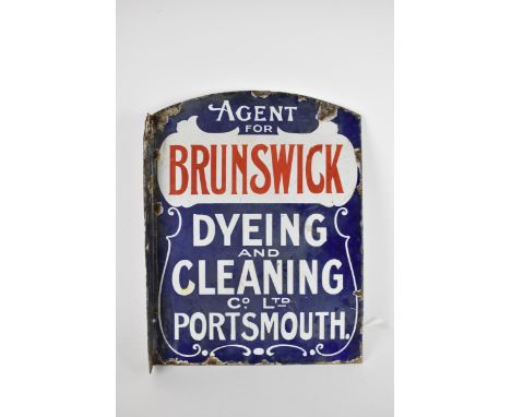 A vintage 'Agent for Brunswick Dyeing and Cleaning co. Ltd, Portsmouth' double sided advertising enamel sign, in blue and red