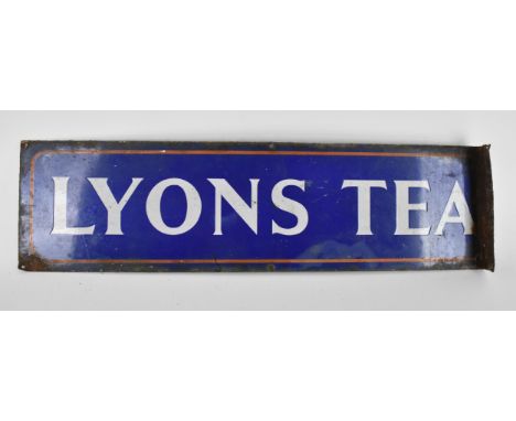 A vintage 'Lyons Tea' advertising enamel sign, with white lettering on a blue ground with red border, 64.5 cm long 