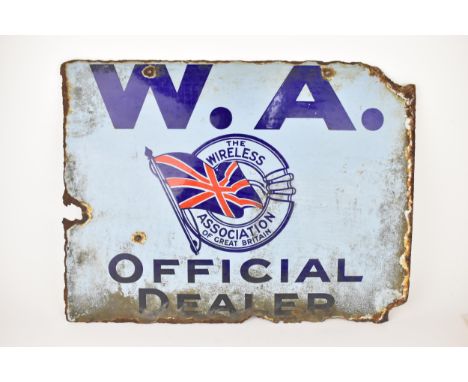 A vintage 'W.A The Wireless Association of Great Britain, Official Dealer' advertising double sided enamel sign, light blue g
