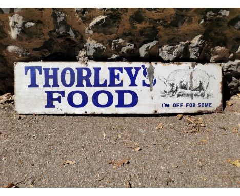 A vintage 'Thorley's Food I'm Off for Some' advertising enamel sign with blue lettering on a white ground, 85.5 cm wide 