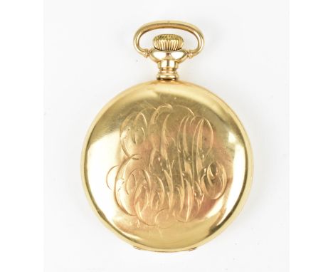 An early 20th century Elgin 14k gold, full hunter pocket watch having a white enamel dial with Roman numerals and subsidiary 