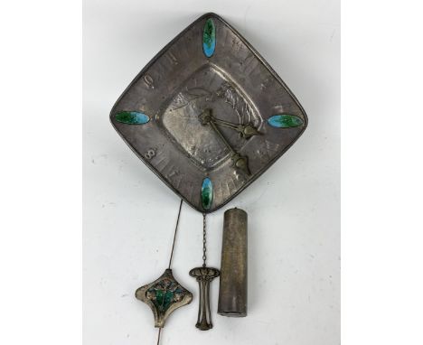 An Arts &amp; Crafts Liberty &amp; Co style pewter wall hanging clock, the square formed dial having an embossed sunrise wood
