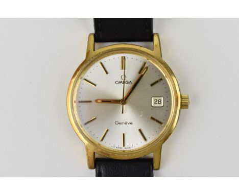 An Omega manual wind, gents gold plated wristwatch, circa 1974, having a silvered dial with gilt hands, baton markers, centre