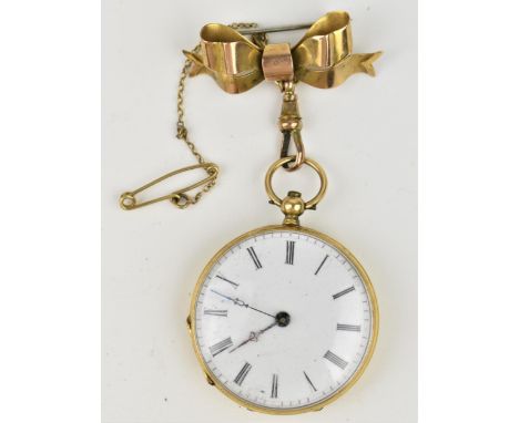 A Victorian 18ct yellow metal open faced, fob watch having a white enamel dial and Roman numerals, the black enamel case back