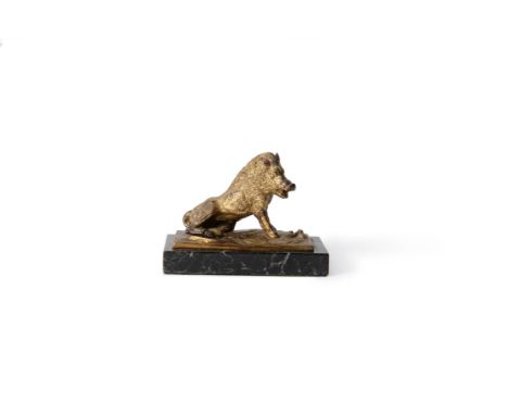 An Italian or French gilt bronze model of the Uffizi Boar after the Antique, 19th century, on a rectangular serpentine marble