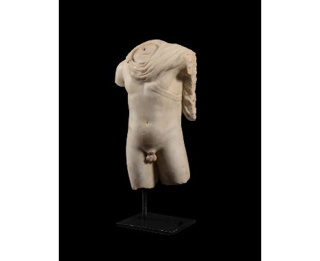 An Italian sculpted white marble torso of Apollo Belvedere, 18th century, or possibly earlier, the truncated body with volumi
