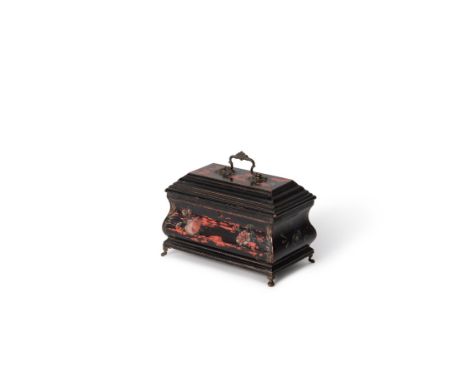 A George III ebonised, painted and metal mounted wood tea caddy, circa 1780, the bombe sarcophagus form body painted with flo
