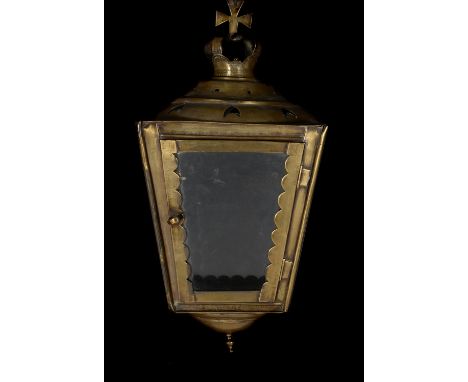 A North European brass and glazed hall lantern, 19th century, the tapered and punchwork square section frame surmounted with 