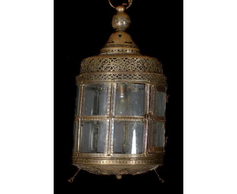 A Dutch sheet brass and glazed hall lantern, 19th century and later adapted, of domed circular form, the body pierced with ge
