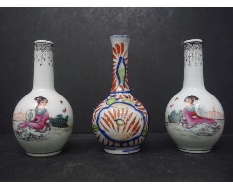 A pair of Chinese miniature vases, decorated with a lady in a garden setting, seal mark to bases, H.9cm, together with anothe