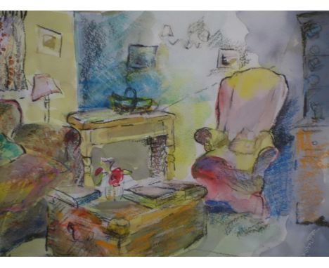 R. Howity, Living Room, pastel and watercolour, signed,  30 x 28cm 