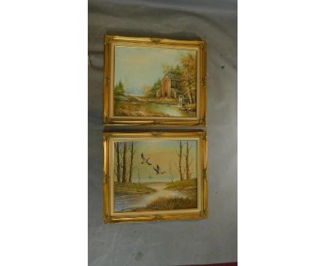 A pair of 1970's vintage gilt framed oils on canvas, country scenes. H.65 W.75 